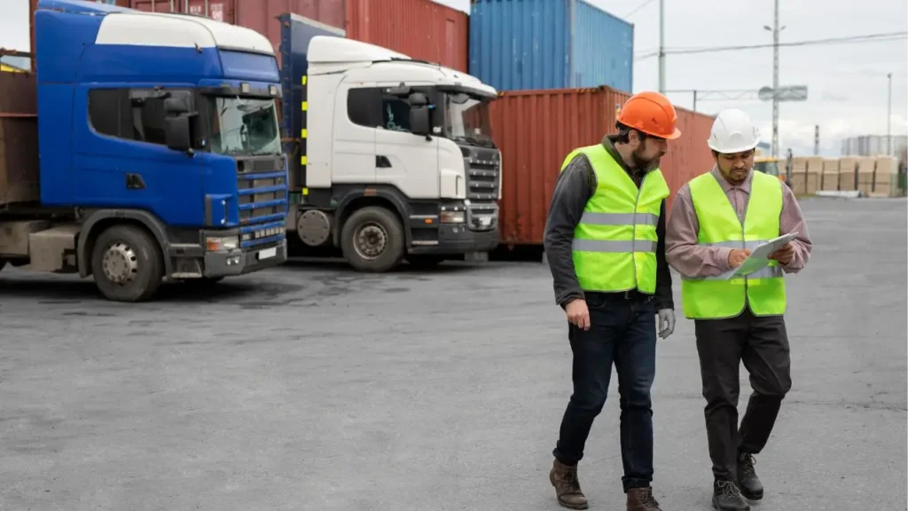 Vista de transportistas leyendo un documento para saber qué cubre un seguro de transporte de mercancías